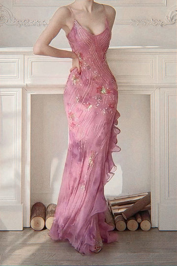Retro Dreamy Mermaid Pink Print Floral Ruffle Chiffon Long Party Dress Evening Dress Date Dress HZ1023